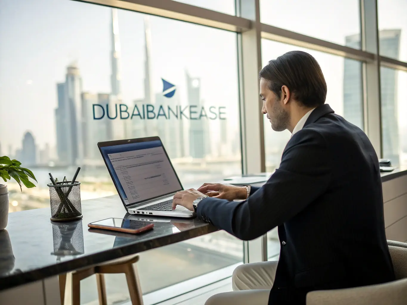 An image of a banking professional assisting clients with account setup, with Dubai skyline in the background, representing business bank account support.
