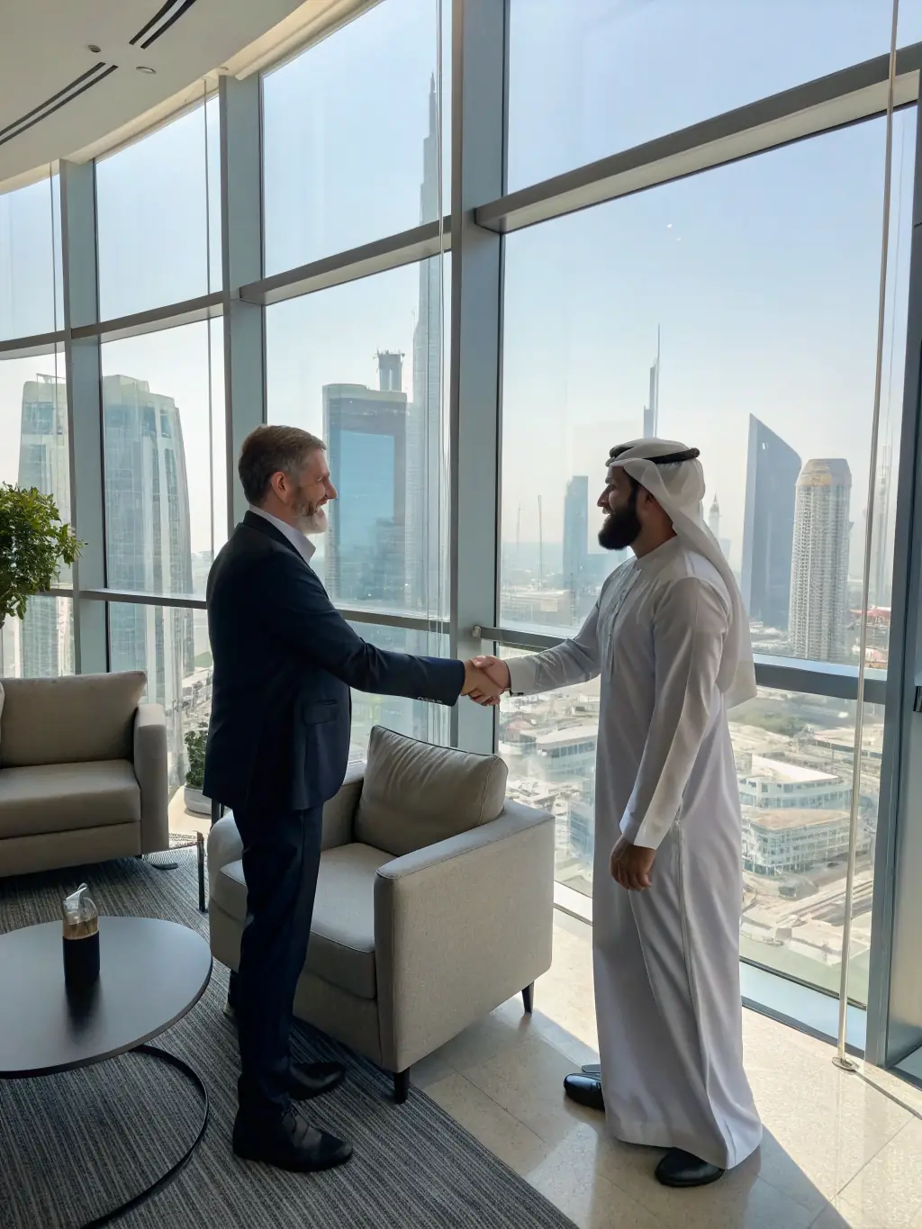 A photo of a person confidently shaking hands with a bank manager in a modern Dubai bank, symbolizing the support Colmax Solutions provides in opening business bank accounts.