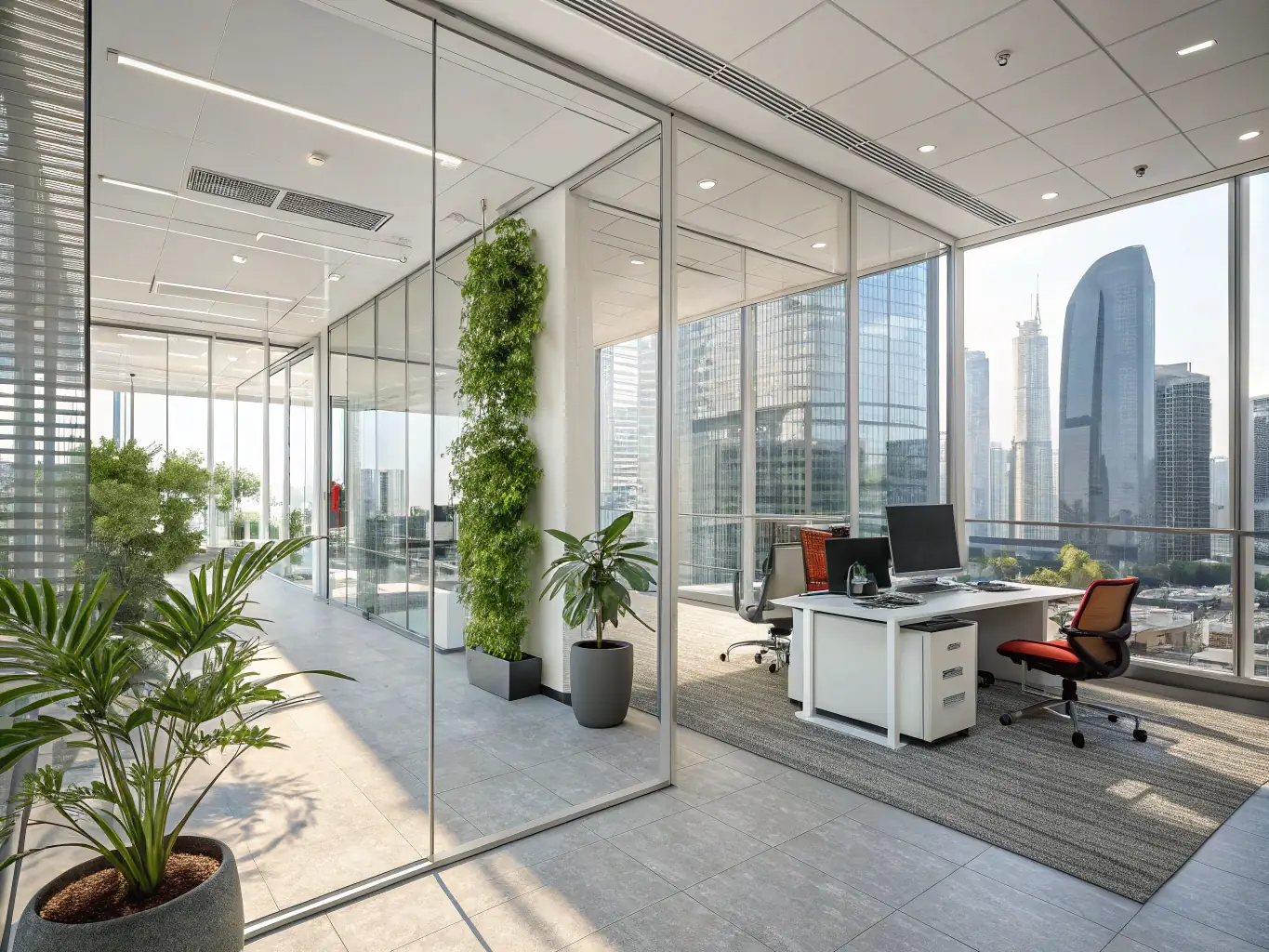 A professional image of a modern Dubai Freezone with business offices and entrepreneurs working, symbolizing company formation.