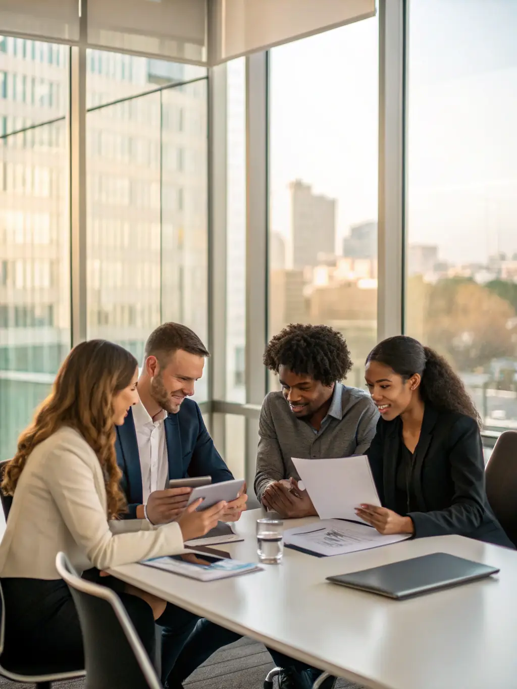 A diverse team of professionals collaborating in a modern office space in Dubai, representing the comprehensive support Colmax Solutions provides to Brazilian businesses.