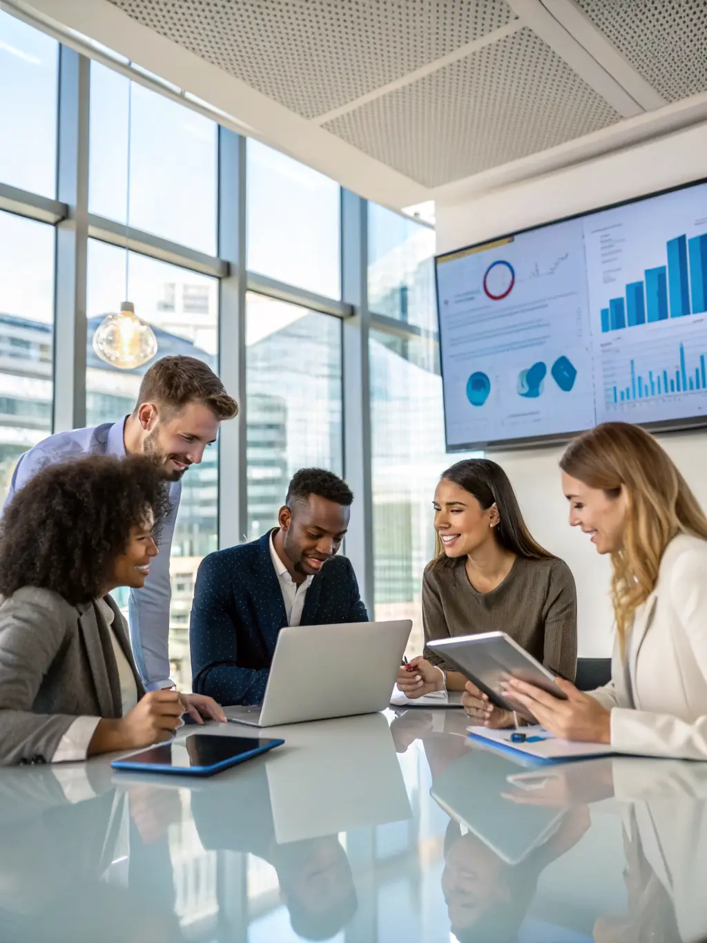 A modern office space with diverse professionals collaborating, highlighting Dubai's multicultural business environment.