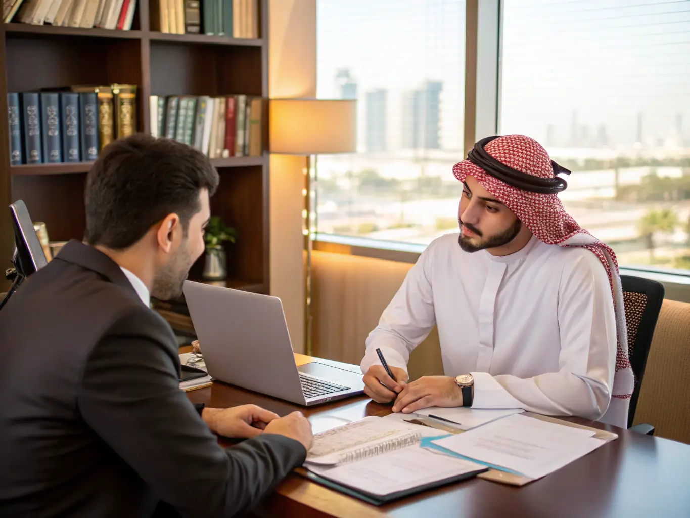 A consultant discussing strategies with a Brazilian entrepreneur, with Dubai cityscape visible, illustrating personalized consulting.